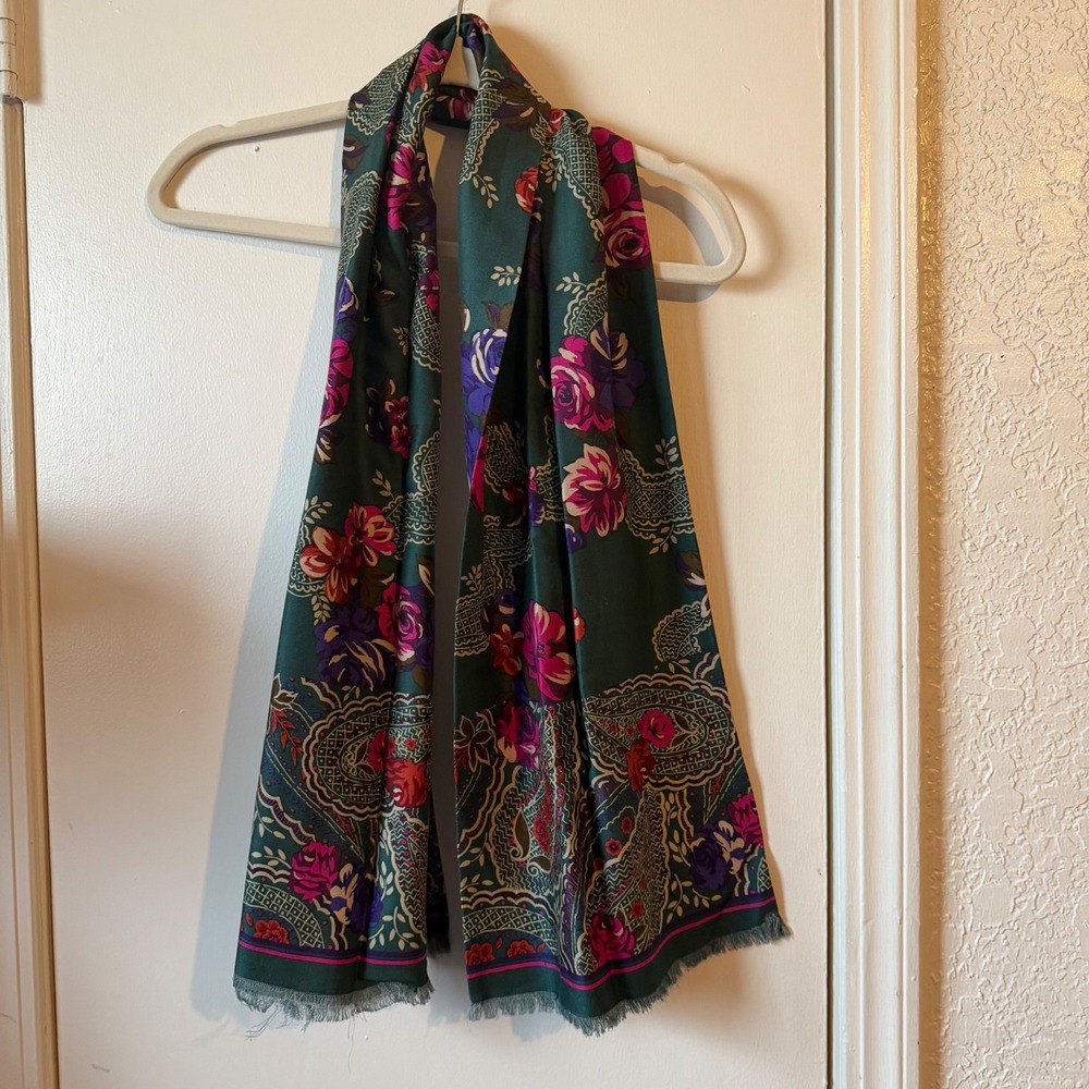Vintage Floral Paisley Scarf Forest Green Magenta Fringe - unmarked likely wool